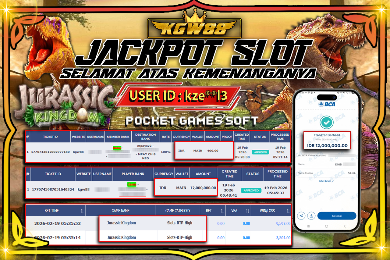 KGW88 JACKPOT Jurassic Kingdom Rp 12.000.000,- LUNAS